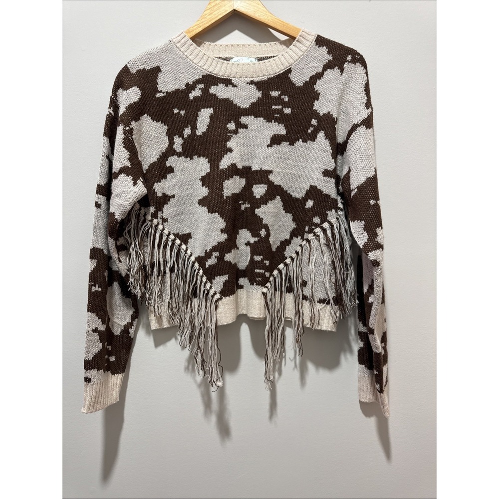 Range By Rock & Roll Womens Small Cow Print Fringe Crop Top Sweater CP128
